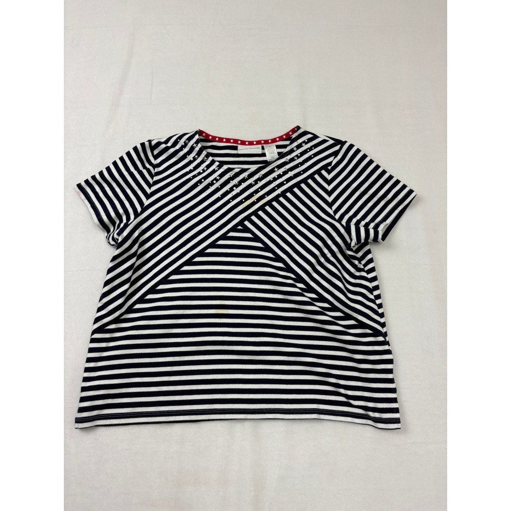 Alfred Dunner Navy Blue Striped Star Embellished Short Sleeve Top Size L N2